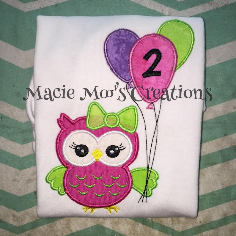 Owl with Balloons Birthday Shirt, Girl Owl Birthday, Applique, Embroidery, Child's T-Shirt, Monogrammed image 1