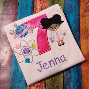 Science Birthday Party Shirt.  Girl or Boy Scientist t-shirt.  Machine Applique your colors.  Personalize with child&#39;s name and age.