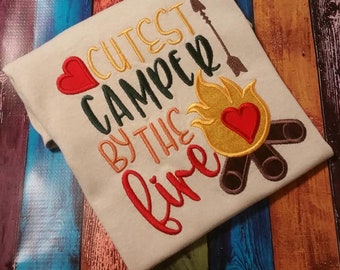 Cutest Camper by the Fire T-shirt, Applique and Embroidery Camping Shirt, Child's Campfire T-shirt, Campfire, Scouts T-shirt,