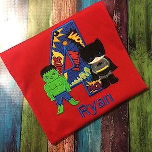 Super Hero T-shirt, Hero Shirt, Hero Birthday shirt, Multi Hero shirt, Child&#39;s Clothing, Child&#39;s t-shirt, Applique Shirt, Embroidery shirt