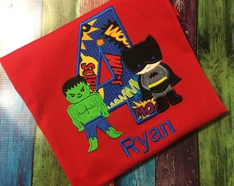 Super Hero T-shirt, Hero Shirt, Hero Birthday shirt, Multi Hero shirt, Child's Clothing, Child's t-shirt, Applique Shirt, Embroidery shirt