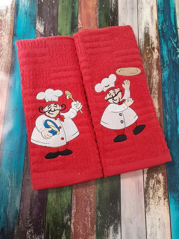 Italian or French Chef Kitchen Towels. Machine Embroidered Terry