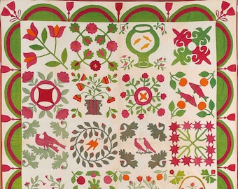 May include: A vintage quilt with a white background and a patchwork design featuring various motifs, including birds, flowers, and geometric shapes. The quilt is made with red, green, and orange fabrics. The text "Quilt & Textile Collections" is printed in the center of the quilt.