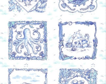 Sandy Toes Blue Panel by Anita Jeram for Clothworks Fabrics