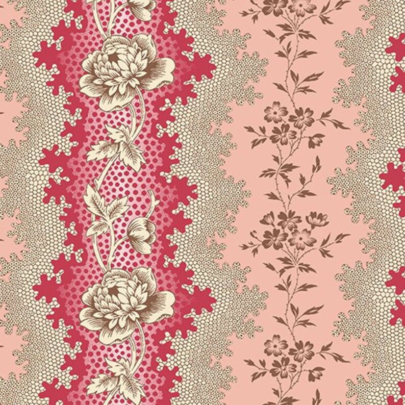Cloverdale Red Floral Stripe Reproduction Fabric by Di Ford Hall for