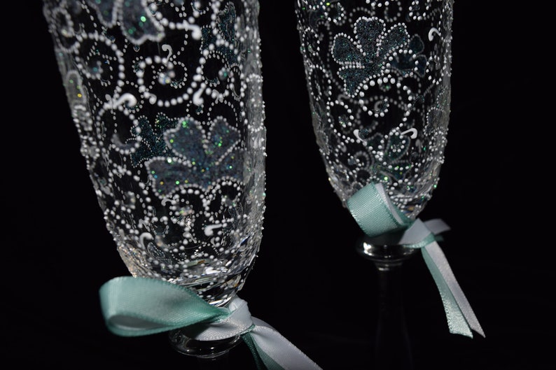 Wedding Champagne Glasses Toasting Flutes Opal Carnation Hand painted Flutes Set of 2