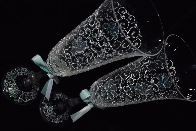 Wedding Champagne Glasses Toasting Flutes Opal Carnation Hand painted Flutes Set of 2