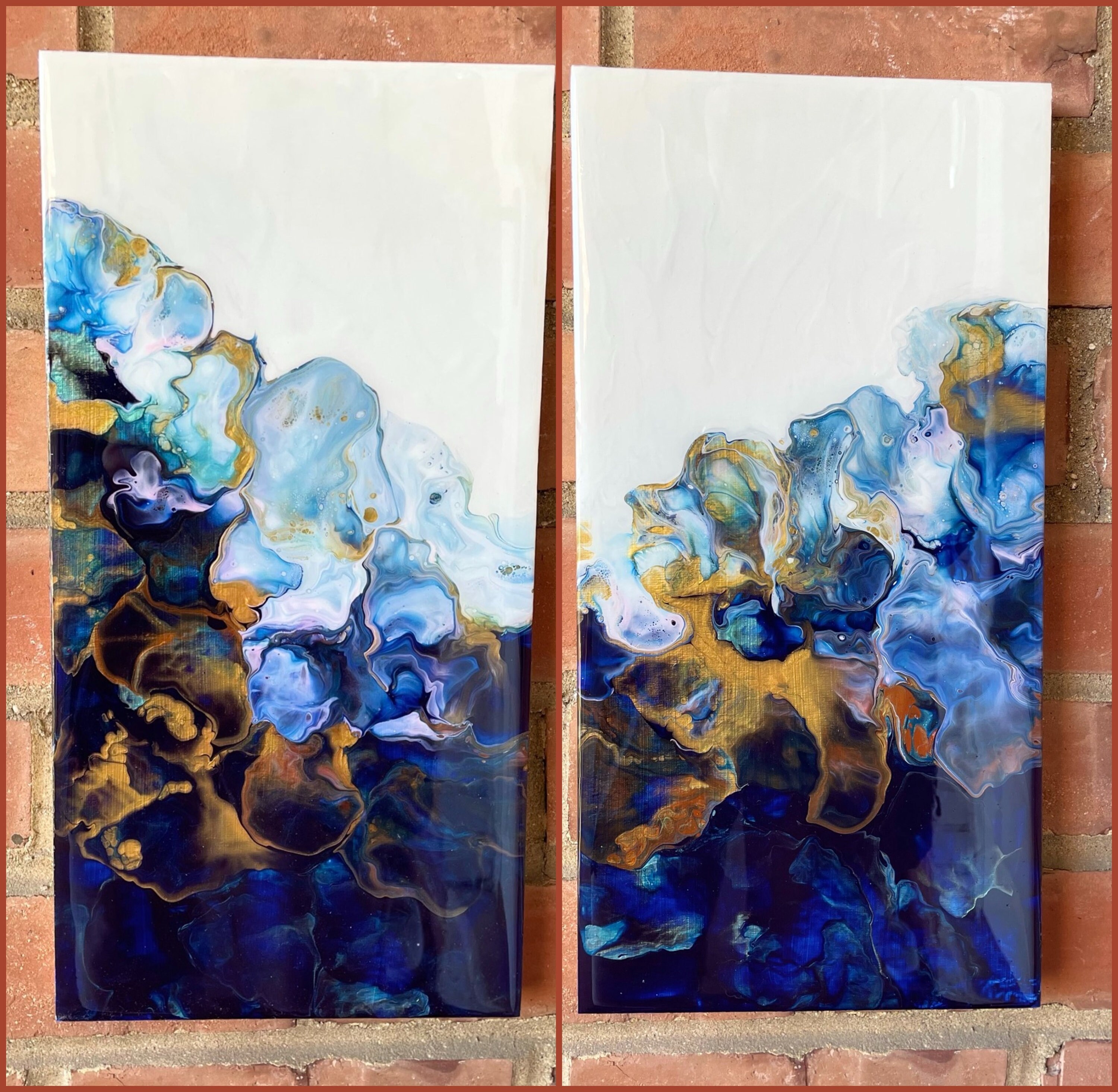 Abstract painting Fluid art acrylic pour painting Azure and Gold 16x16 ...