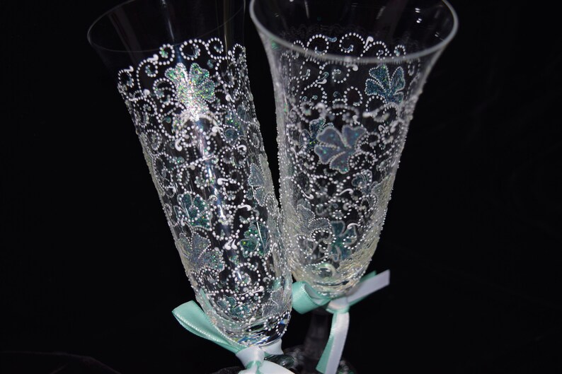 Wedding Champagne Glasses Toasting Flutes Opal Carnation Hand painted Flutes Set of 2