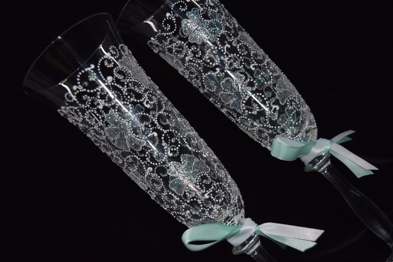 Wedding Champagne Glasses Toasting Flutes Opal Carnation Hand painted Flutes Set of 2