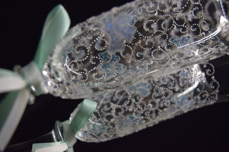 Wedding Champagne Glasses Toasting Flutes Opal Carnation Hand painted Flutes Set of 2