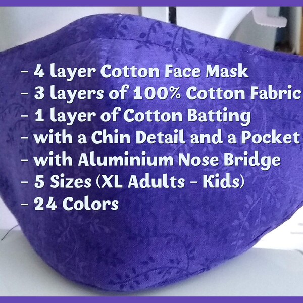 Kids Adult Thick 4 layer Washable Cotton Face Mask with Chin Detail Aluminum Nose Wire and a Pocket for Carbon Filters