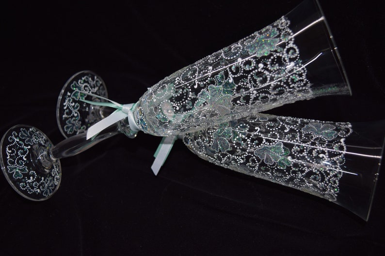 Wedding Champagne Glasses Toasting Flutes Opal Carnation Hand painted Flutes Set of 2