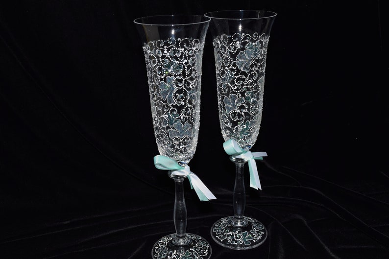 Wedding Champagne Glasses Toasting Flutes Opal Carnation Hand painted Flutes Set of 2