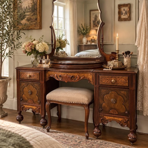 Antique Walnut Vanity with Mirror