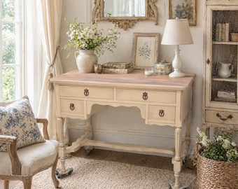 French Country Writing Desk | Cream Finish, Natural Wood Top, Four Drawers