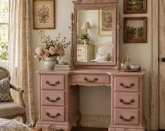 Vintage Mahogany Vanity with Mirror  – French Country Dressing Table