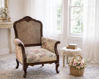 French Provincial Armchair | Cane Back Louis XV Style Accent Chair, Floral Upholstered Seating