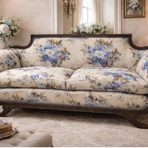 May include: A two-cushion sofa with a cream-colored floral pattern featuring blue and white flowers. The sofa has a dark brown wooden frame with curved arms and legs. The sofa is in a room with a neutral color palette.