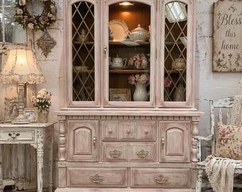 Vintage Blush Pink Hutch Cabinet | Distressed Shabby Chic China Display