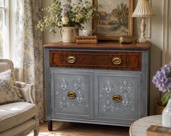 Antique French Country Cabinet | Hand-Painted Cottage Sideboard | Vintage Accent Cabinet | Entryway Storage