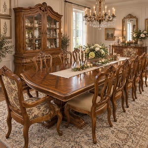 May include: A large rectangular wooden dining table with a parquet top, surrounded by ten chairs featuring carved wooden frames and upholstered seats. A matching wooden hutch with glass doors stands behind the table, and a crystal chandelier hangs above.