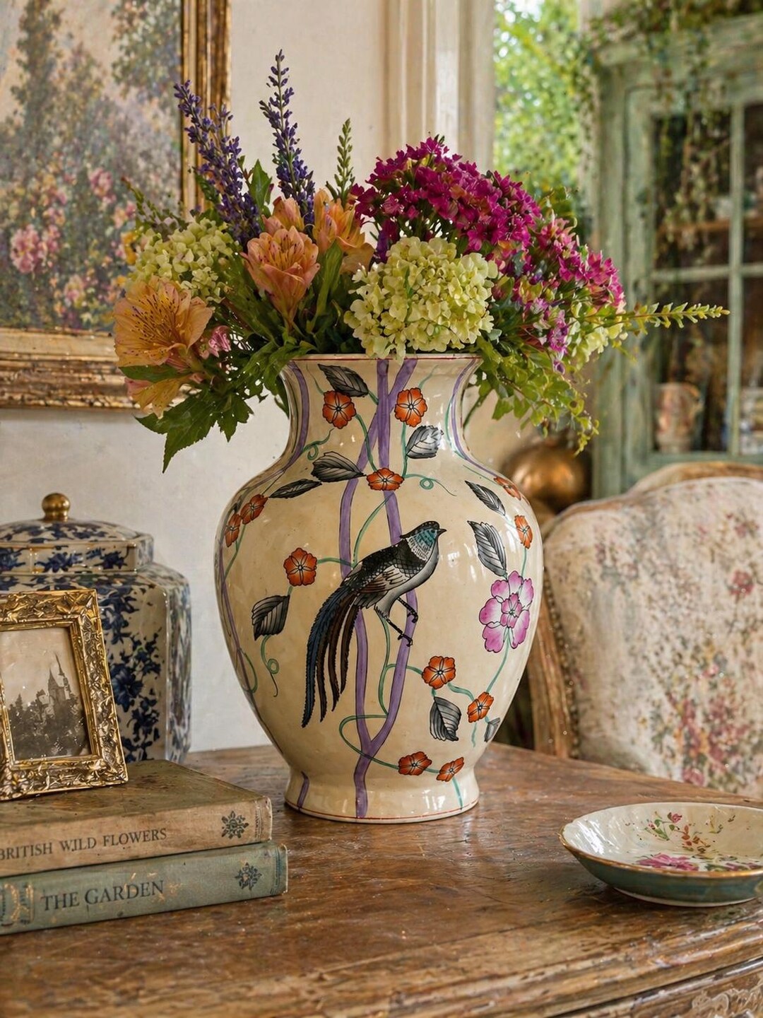 Vintage Chinese Floral Bird Vase | Hand Painted Porcelain | Chinoiserie ...