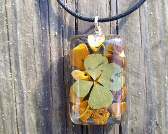 Real 4 leaf clover pendant with tigers eye healing stone necklace