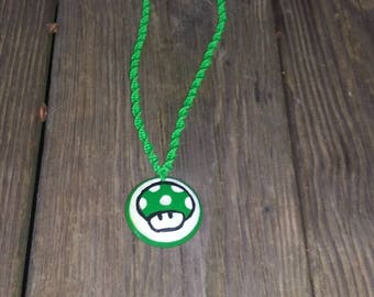 Wooden hand painted green Mario mushroom necklace