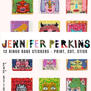 12 Hand Painted Bingo Babes Printable | Junk Journal Ephemera | Kitschy Collage | Digital Download | Scrapbook Craft Supply | 2X2 Stickers