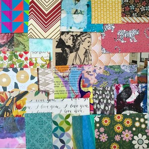 May include: A collage of various patterned papers, including floral, geometric, and vintage illustrations. Some papers feature text, including "I love you" and "For you." The color palette is diverse, with pink, blue, yellow, and green hues.