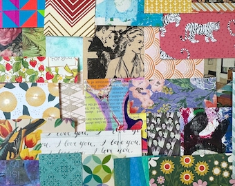 May include: A collage of various patterned papers, including floral, geometric, and vintage illustrations. Some papers feature text, including "I love you" and "For you." The color palette is diverse, with pink, blue, yellow, and green hues.
