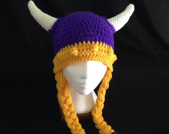 Crochet PATTERN - Viking Helmet Hat Pattern with Braids and Horns; Purple Vikings Hat; Child/ Pre-Teen and Adult Sizes; PDF download