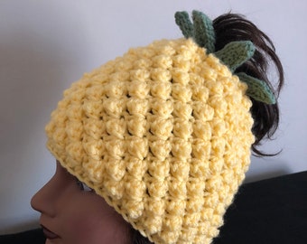 Pineapple Messy Bun Beanie, Yellow Pineapple Hat, Toddler Child Adult Pineapple Ponytail Hat, Mommy & Me Messy Bun Beanie Hats, Ponytail Hat