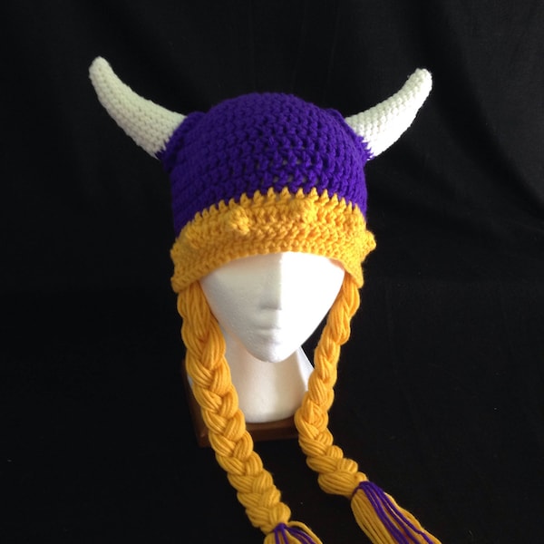 Crochet PATTERN - Viking Helmet Hat Pattern with Braids and Horns; Purple Vikings Hat; Child/ Pre-Teen and Adult Sizes; PDF download