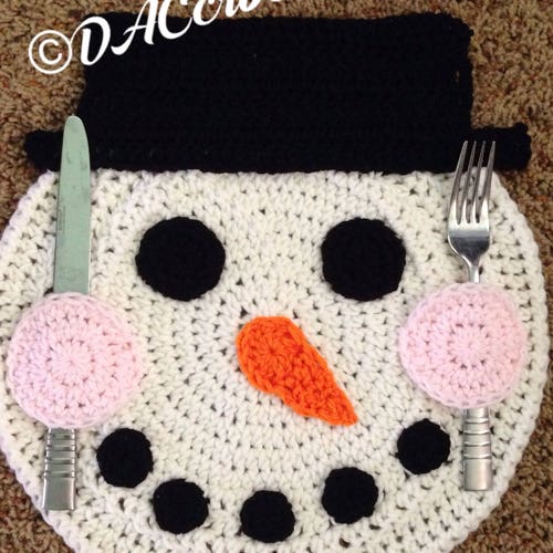 Crochet PATTERN Snowman Placemat With Utensil Holder Winter Etsy