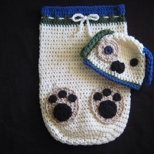 Crochet PATTERN - Puppy Dog Cocoon Snuggle Sack Set, Puppy Cocoon and Hat Crochet Pattern, Baby Boy or Girl Photo Prop Dog Blanket Set