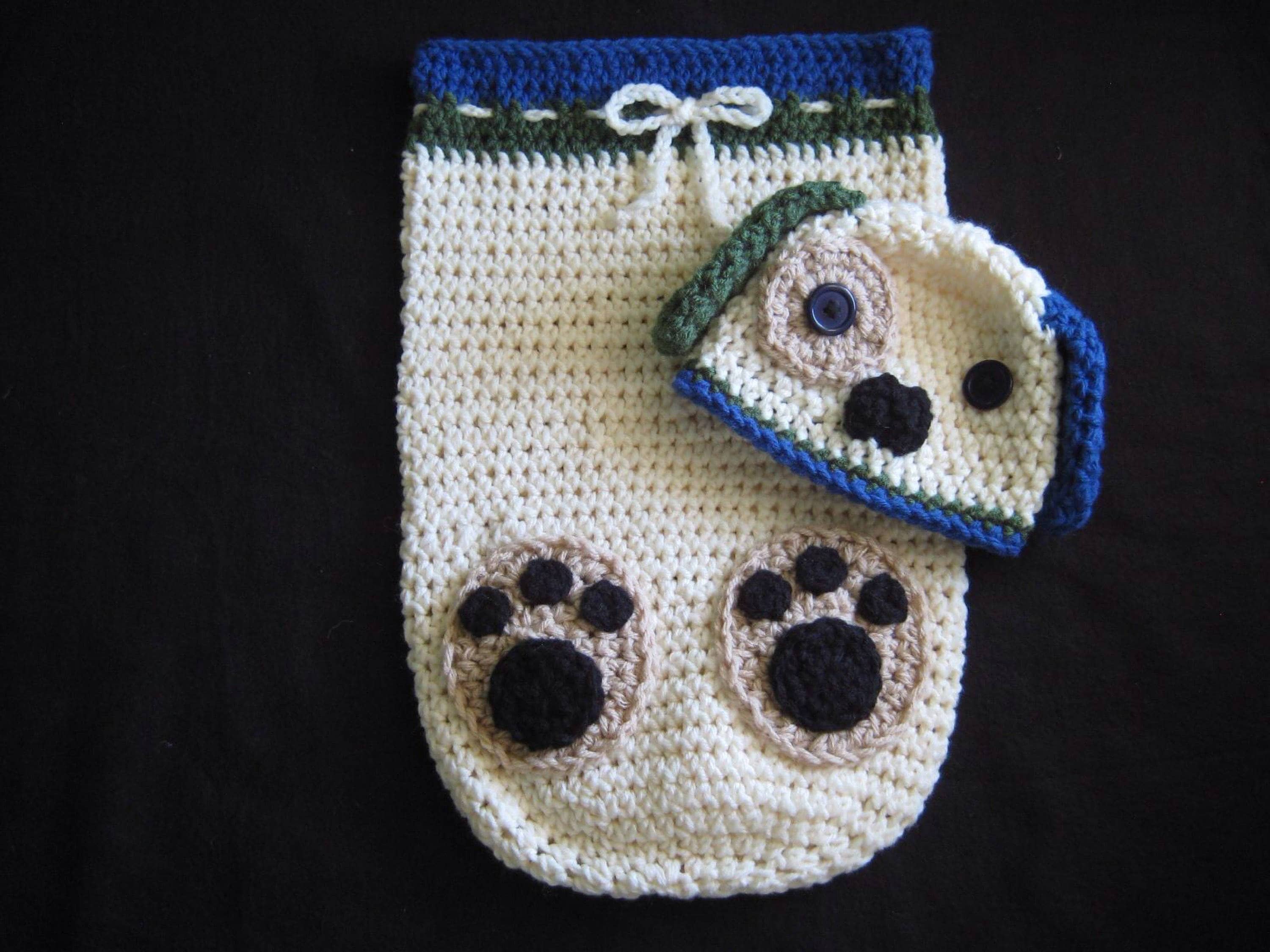 30 Cozy Sack Hat Crochet Patterns for Winter, Gifts, and Photo Props 14 Puppy Dog Cocoon and Hat Crochet Pattern