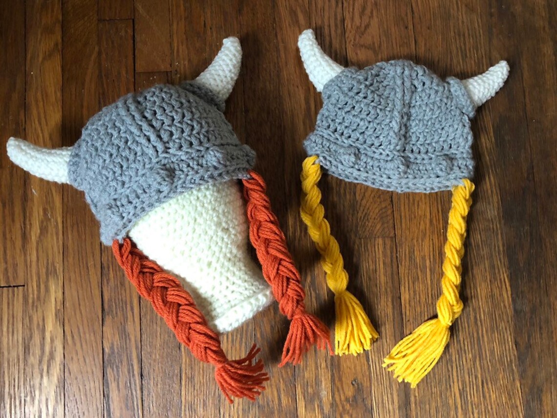 Viking Hat Horns Braids Baby Child Adult Viking Hat Grey Etsy