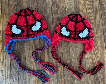 Superhero Spiderweb Ear Flap Hat, Baby Child Spider Web Design Hat, Toddler Adult Size Superhero Beanie, Spider Web Hat Costume Photo Prop