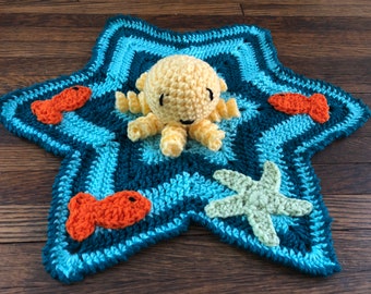 Crochet PATTERN - Octopus Fish Lovey Blanket, Octopus Ocean Life Security Blanket, Octopus Fish Starfish Lovey Blanket Crochet Pattern