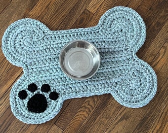 Teal and Grey Blend Dog Mat with Paw Print, Personalized Dog Bone Food Water Bowl Placemat, Pet Dog Crate Mat Rug, Gray Dog Bone Feeding Mat