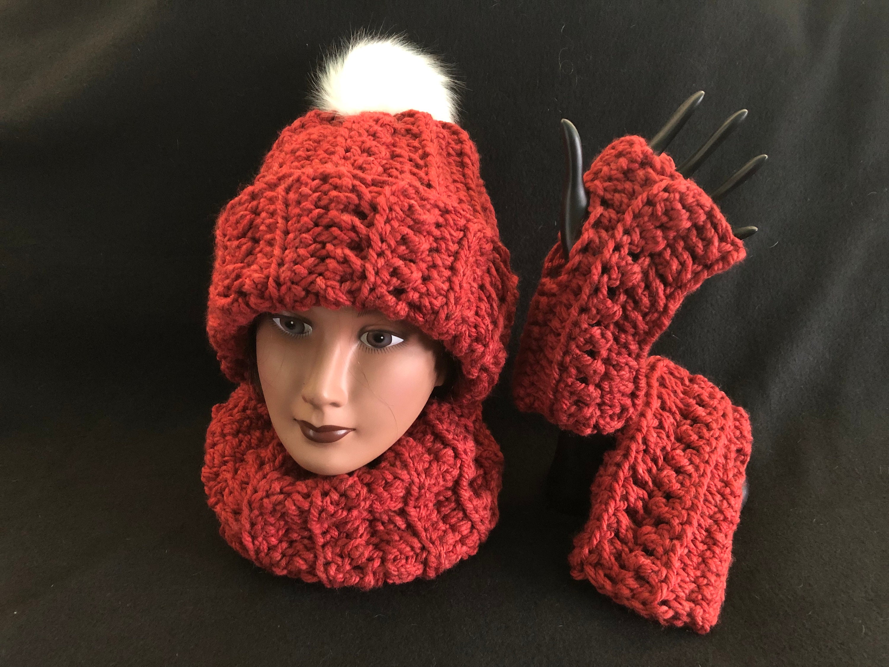 Handmade Crocheted Chenille Cable Knit Hat & Scarfs Sets(2), Adult, NWOT Crochet Hat and Scarf Set Pattern + Tutorials | The Crochet  main image 3