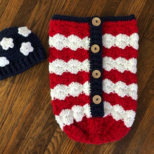 Crochet PATTERN - American Flag Cocoon Swaddle Set, Front Opening Striped Baby Blanket, USA Flag Baby Sleep Sack, Newborn Photo Prop