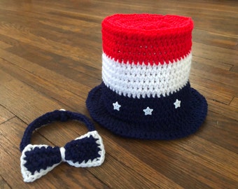 Patriotic Tall Top Hat, Baby Uncle Sam Hat, America Red White Navy Blue Baby Hat, Independence Day Hat and Bow Tie, Baby USA Photo Prop Hat