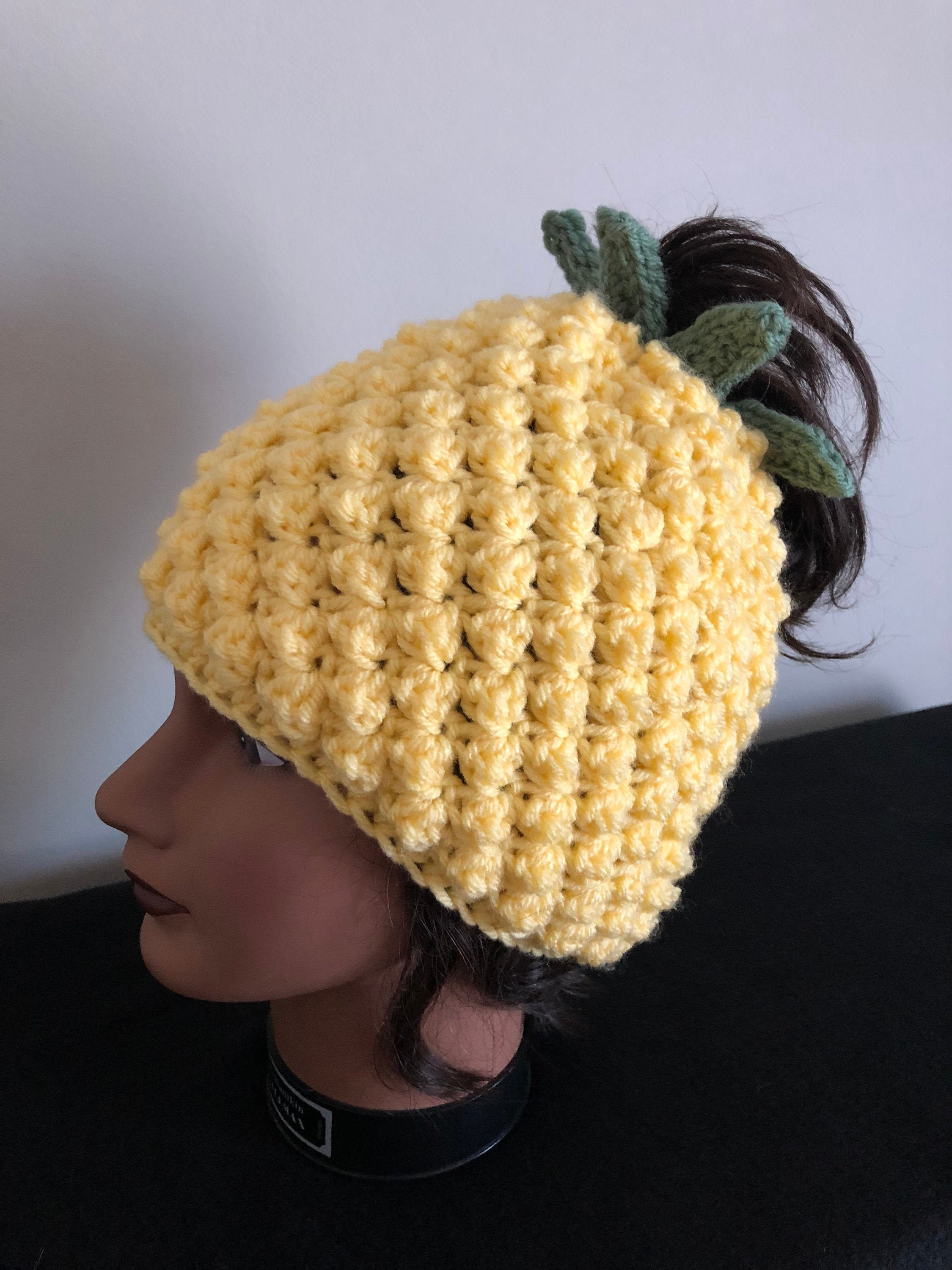 Pineapple Messy Bun Beanie Crochet 
