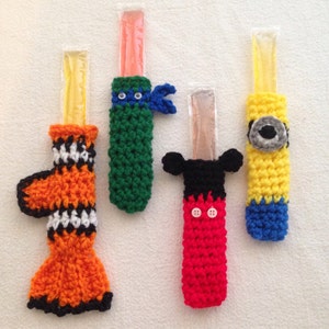 Crochet PATTERN - Freeze Pop Holder Cozy Cover, Yogurt Cozy Holder, Ice Freeze Pop Holder Crochet Pattern, clownfish turtle mouse