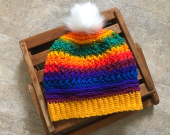 Rainbow Pride Slouch Hat, Adult Pride Beanie Hat Faux Fur Pom, White Pom Striped Rainbow Colors Hat, LGBTQ Pride Slouch Hat, Texture Hat