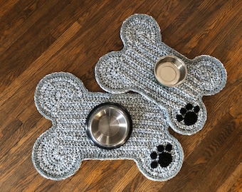 Grey White Dog Mat Paw Print, Pet Personalized Dog Bone Paw Print Placemat, Food Water Bowl Place Mat, Bone Shape Pet Feeding Mat Rug