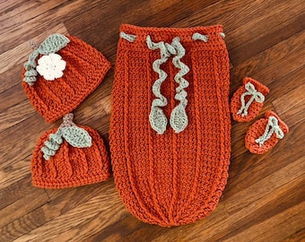 Crochet PATTERN - Pumpkin Snuggle Sack Cocoon Set, Newborn Pumpkin Hat, Pumpkin Blanket, Baby Pumpkin Cocoon Set Hat Mitts, Baby Photo Prop